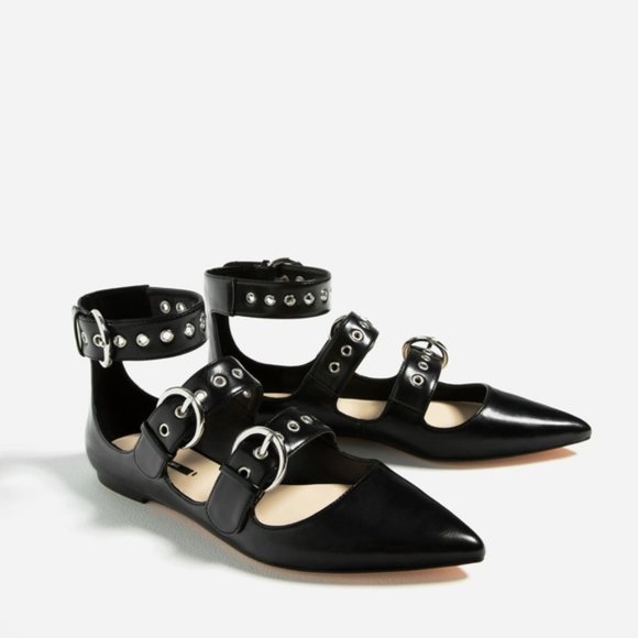 Zara Shoes - Zara Basic Point Toe Grommet Buckle Strappy Flats